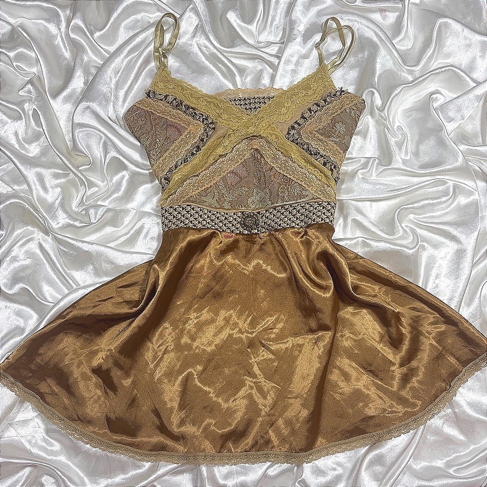 y2k Cami Top Gold Fair Brocade Lace Patchwork Satin Adjustable Straps